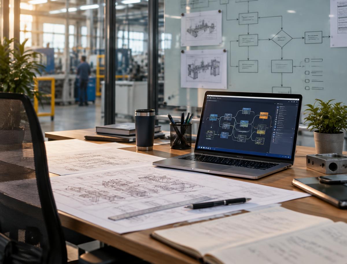 Arbeitsplatz mit Engineering-Zeichnungen, Prozessfluss und Automatisierungs-Pipeline