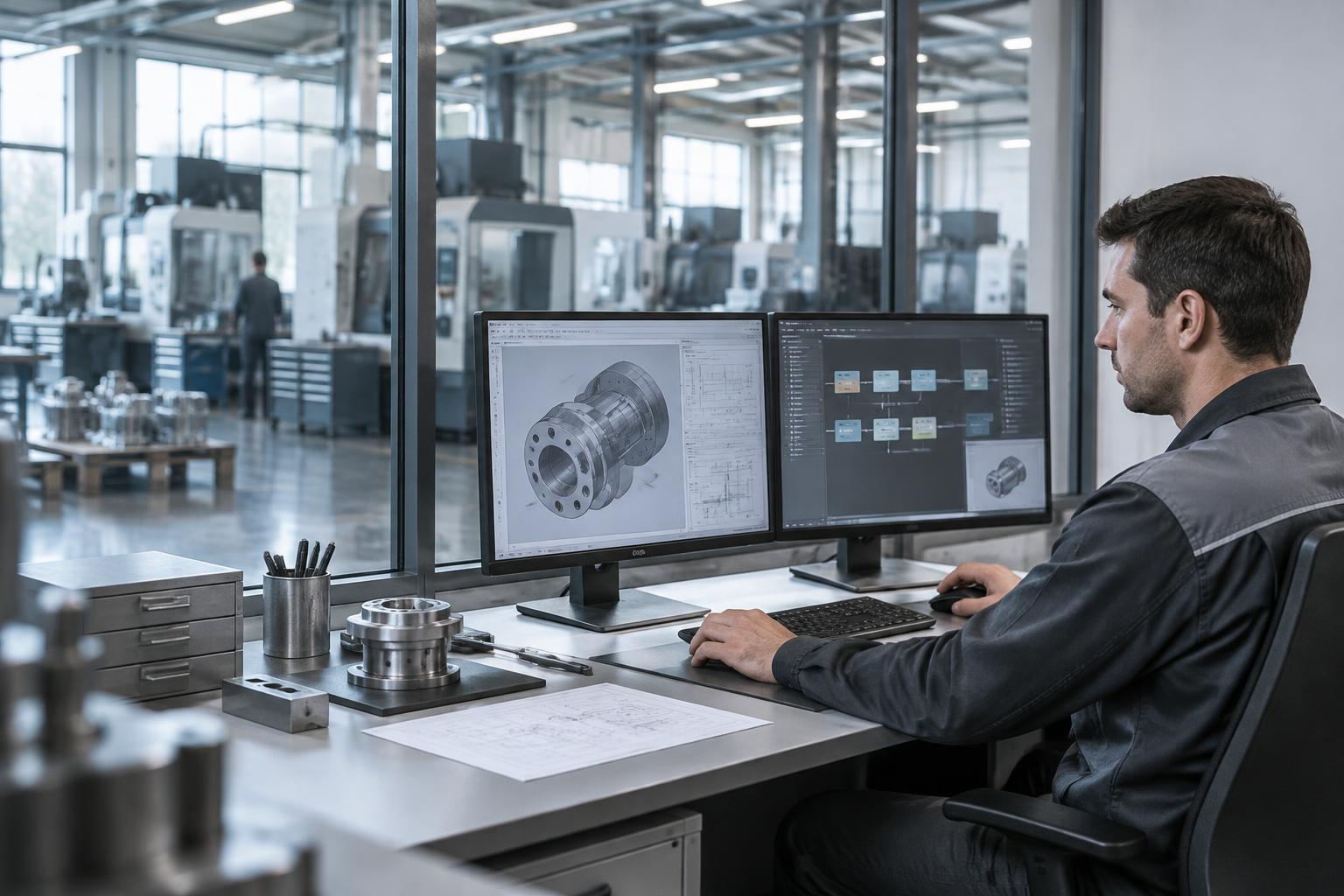 Ingenieur an einem digitalen Arbeitsplatz mit Blick in eine moderne CNC-Fertigung