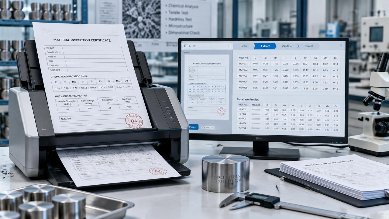 Materialprüfbericht wird gescannt und in eine strukturierte Datenansicht übertragen